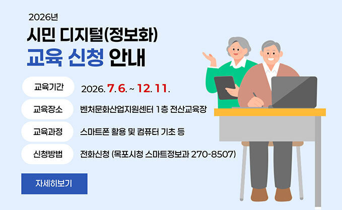 2026년 시민 디지털(정보화) 교육 신청 안내  -교육기간 : 2026. 7. 6. ~ 12. 11.  -교육장소 : 벤처문화산업지원센터 1층 전산교육장  -교육과정 : 스마트폰 활용 및 컴퓨터 기초 등  -신청방법 : 전화신청(목포시청 스마트정보과 270-8507) 자세히보기