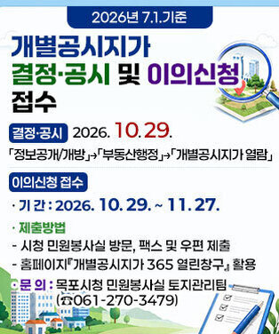 2026년도 7.1.기준 개별공시지가 결정·공시 및 이의신청 접수 결정·공시 : 2026. 10. 29. · 「정보공개/개방」→「부동산행정」→「개별공시지가 열람」 이의신청 접수 · 기 간 : 2026. 10. 29. ~ 11. 27. · 제출방법 - 시청 민원봉사실 방문, 팩스 및 우편 제출 - 홈페이지『개별공시지가 365 열린창구』활용  문 의 : 목포시청 민원봉사실 토지관리팀(☎061-270-3479)